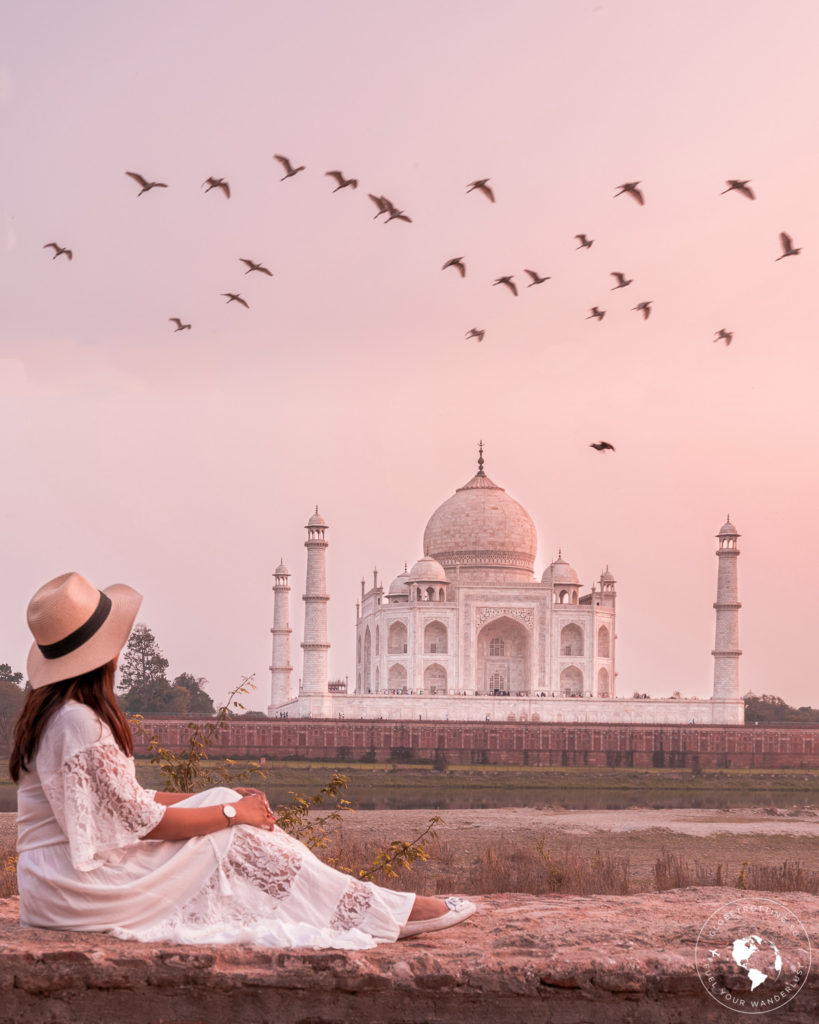 Girl Admiring the beauty of Taj Mahal from Mehtab Bagh during sunset
