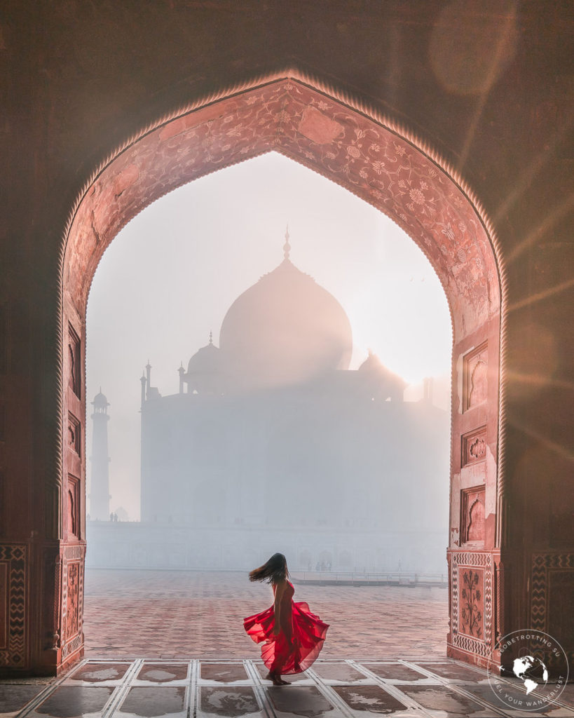 The first sun rays of winter morning seen from Mosque in Taj-Mahal