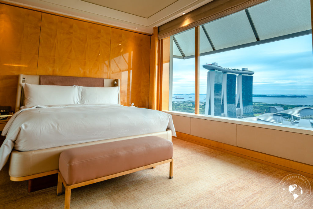 Spacious bedroom view of Marina Bay Sands at Ritz Carlton Millenia