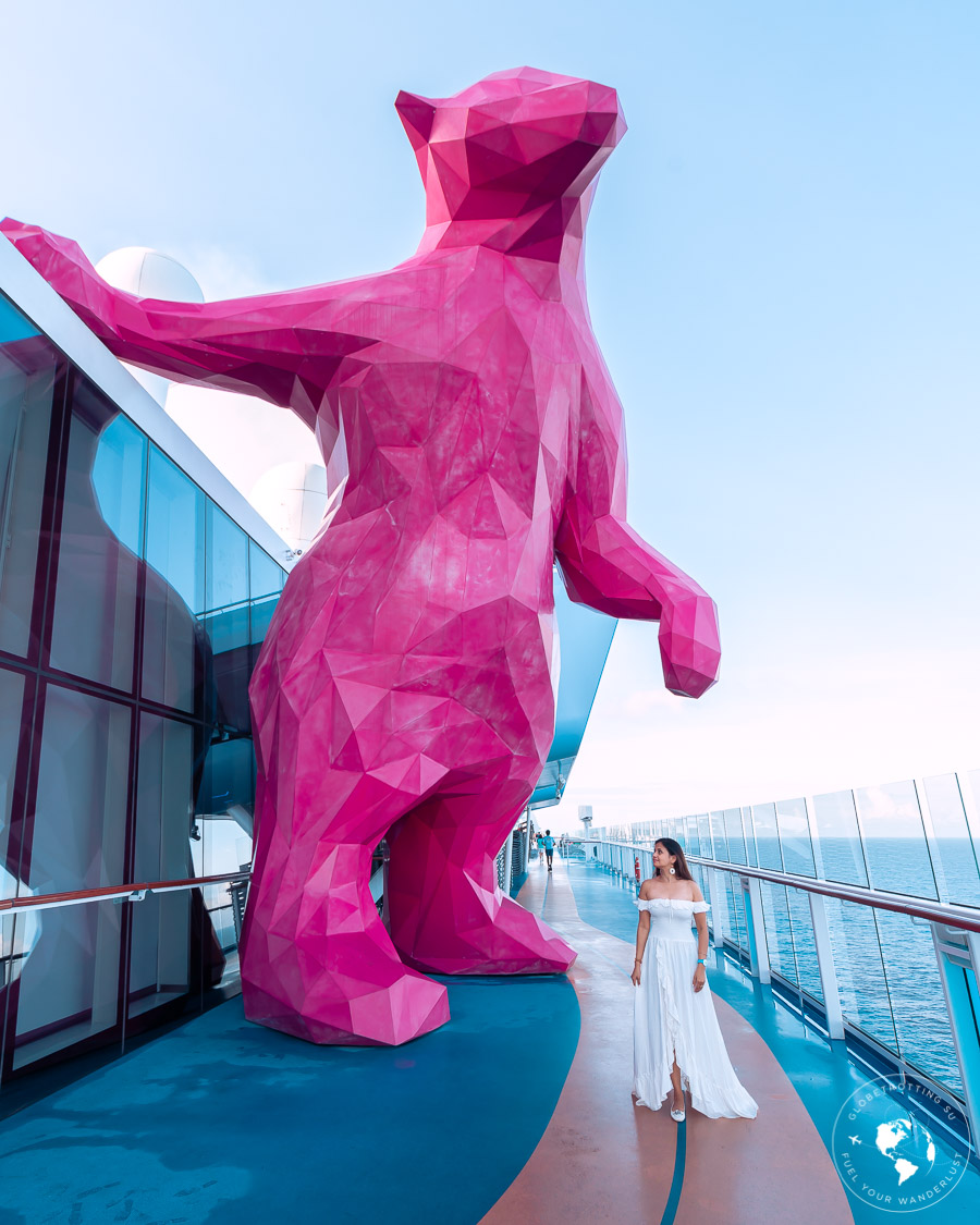 The pink bear and the girl on top deck of Royal Caribbean's Quantum of the Seas